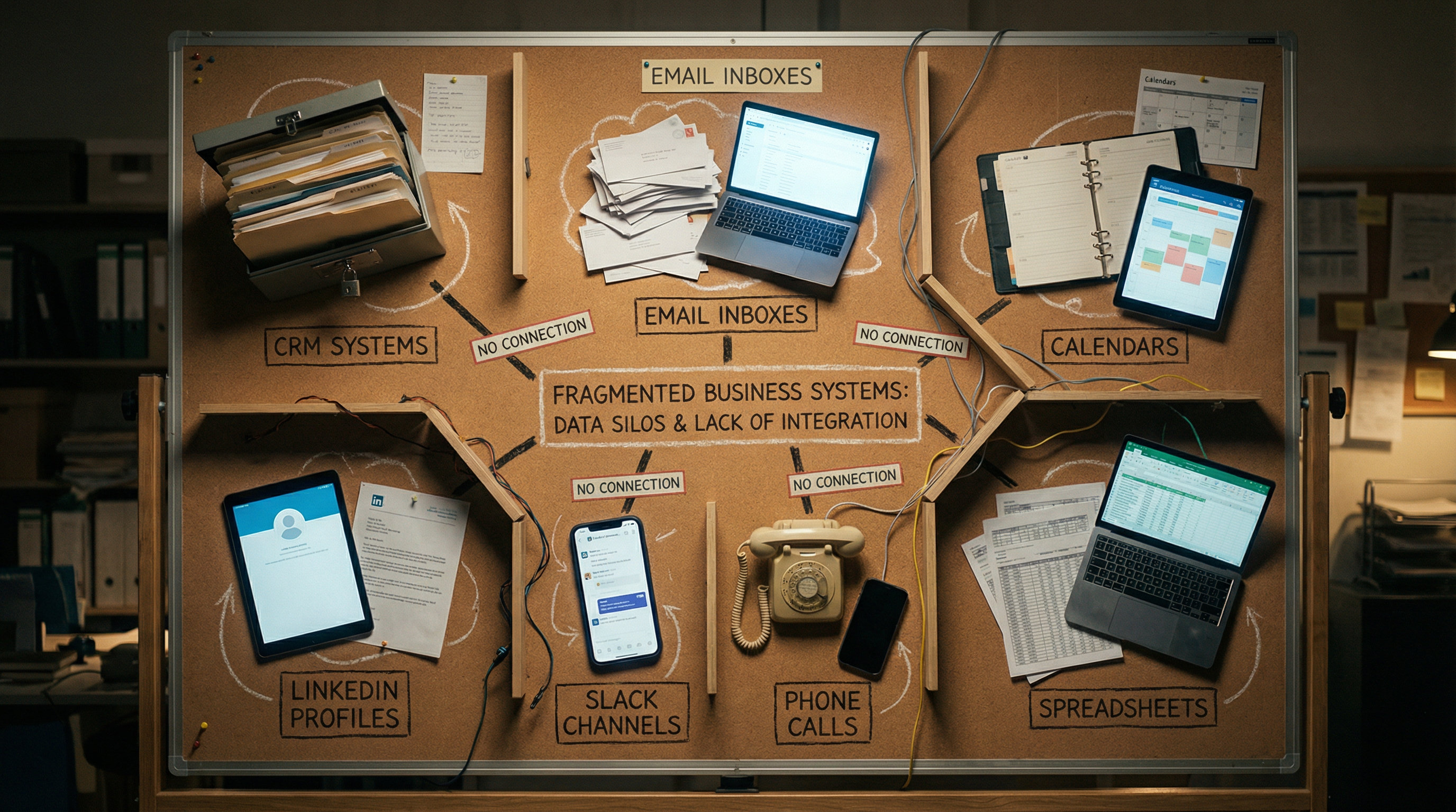 Diagram showing fragmented business systems with relationship data siloed across CRM, email inbox, calendar, LinkedIn, Slack, phone calls, and spreadsheets with no connections between them