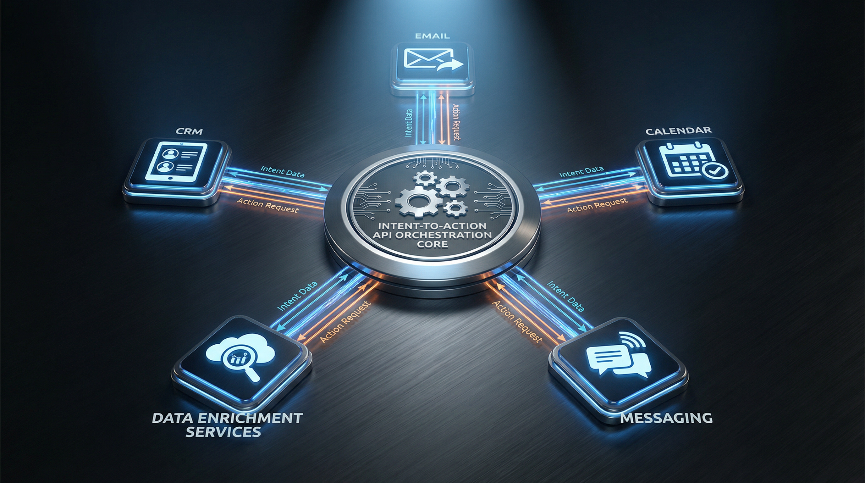 Technical architecture diagram showing Intent-to-Action API connecting CRM, email, calendar, messaging, and data enrichment with bidirectional data flow and orchestration logic layer in center