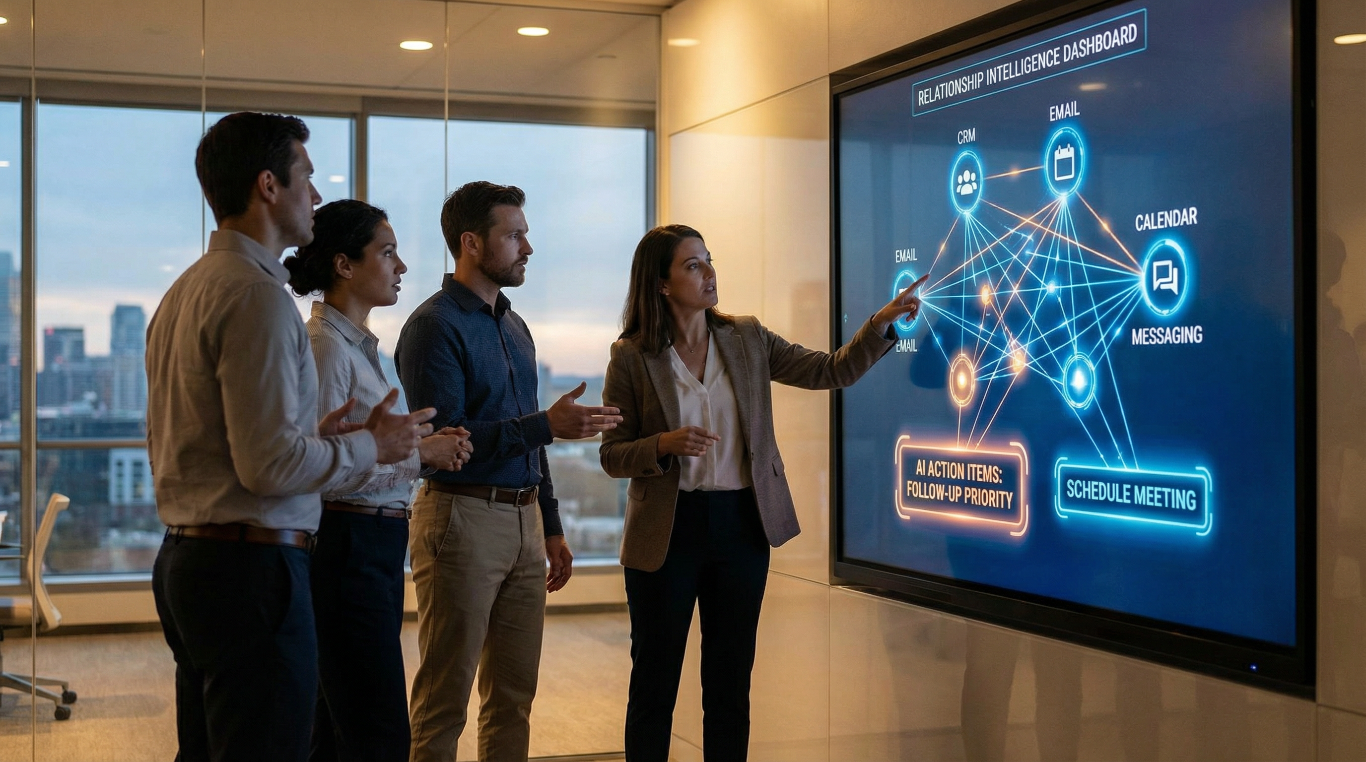 Professional sales team reviewing relationship intelligence dashboard showing orchestrated connections between CRM, email, calendar, and messaging systems with AI-powered action items