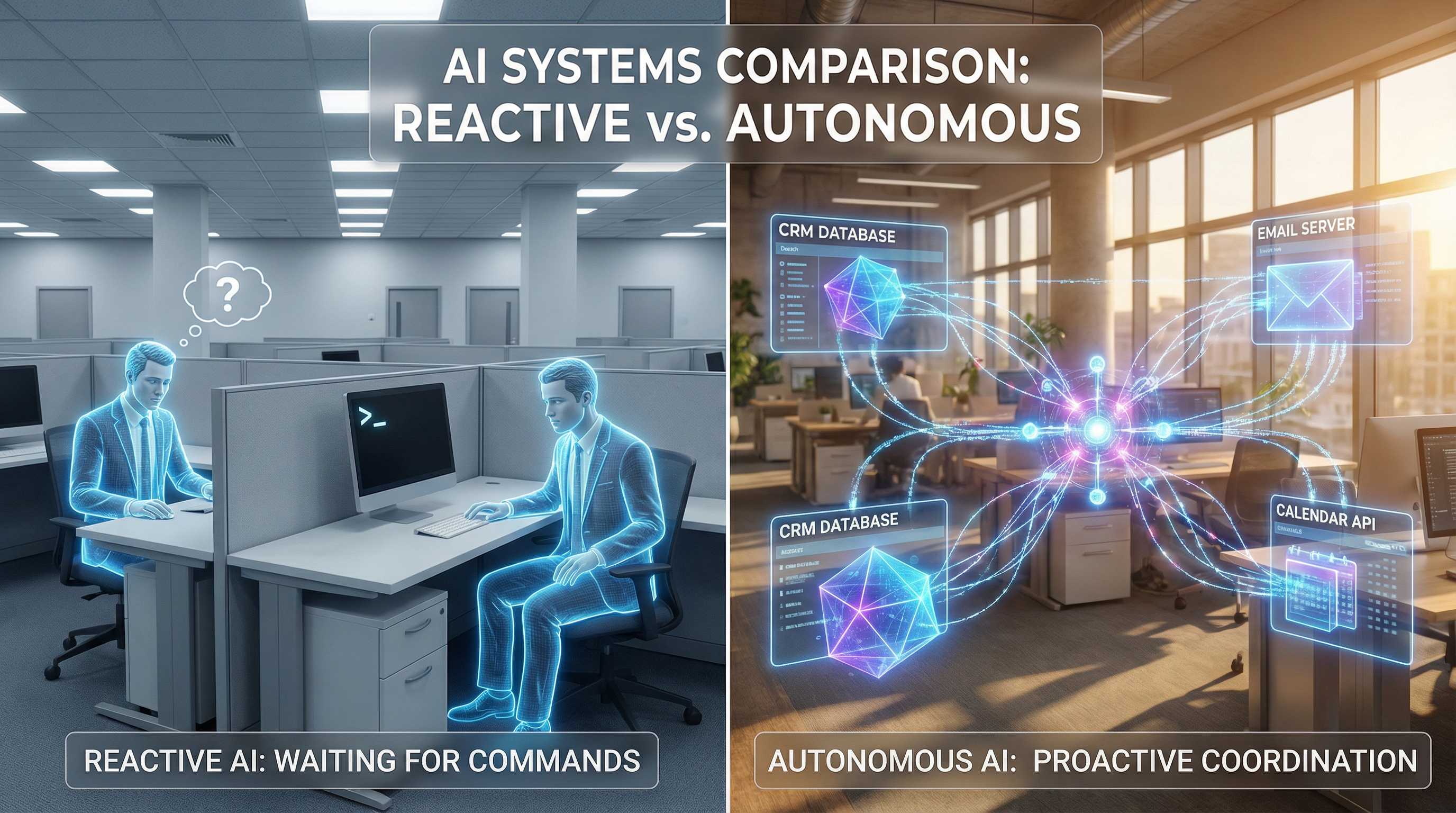 Side-by-side comparison diagram showing AI assistants waiting for commands versus autonomous AI agents proactively monitoring pipelines and taking coordinated action across CRM, email, and calendar systems