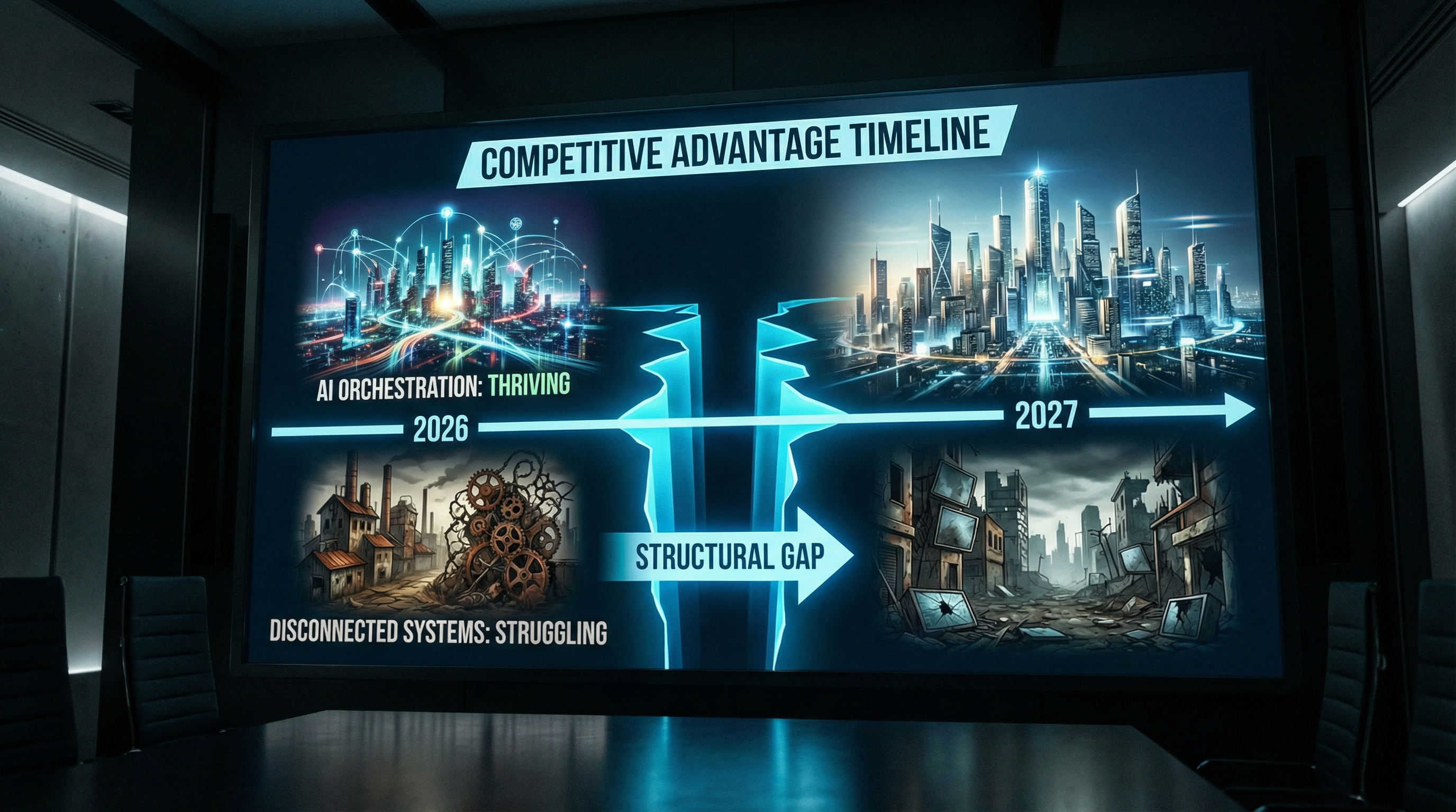 Timeline chart showing competitive advantage gap widening between businesses deploying AI orchestration in 2026 versus those still using disconnected systems, with gap becoming structural by 2027